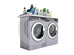 Concept of washing machine and dryer with detergent isolated 3d rendering on white background no shadow