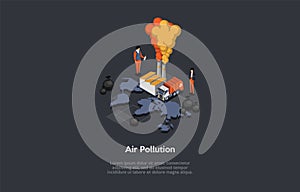 Concept Of Waste Recycling And Incineration Process. Characters Collecting Trash And Incinerate Waste At Plant. Emission