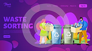 Concept of waste sorting. Predesigned web page template that can be customized. Couple holding boxes.