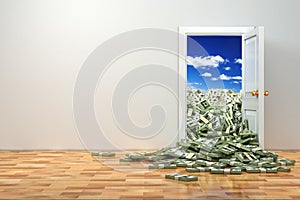 Concept of wealth. Opening door and heap dollar. photo
