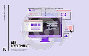 Concept of web development, programming, coding and web design. Monitor with program code on screen and open web pages.