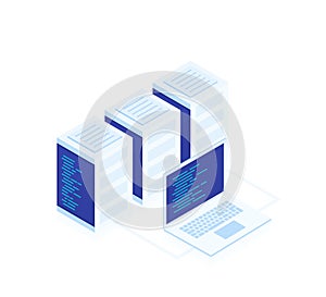 Concept of web hosting .Vector isometric map with business networking servers and laptop.
