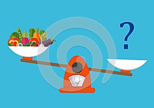 Concept of weight loss, healthy lifestyles, diet, proper nutrition. Vegetables and fast food on scales. Vector.