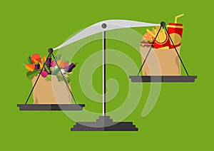 Concept of weight loss, healthy lifestyles, diet, proper nutrition. Vegetables and fast food on scales. Vector.