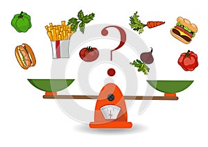 Concept of weight loss, healthy lifestyles, diet, proper nutrition. Vegetables and fast food on scales. Vector. Hand drawn