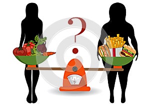 Concept of weight loss, healthy lifestyles, diet, proper nutrition. Vegetables and fast food on scales. Vector. Hand drawn