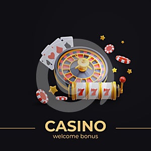 Concept of welcome bonus in casino. Roulette, playing cards, dice, poker chips, slot machine