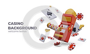 Concept of welcome bonus in casino. Slot machine, playing cards, poker chips
