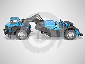 Concept wheeled tractor scraper side view 3d render on gray background with shadow