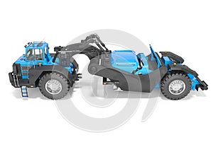 Concept wheeled tractor scraper side view 3d render on white background with shadow