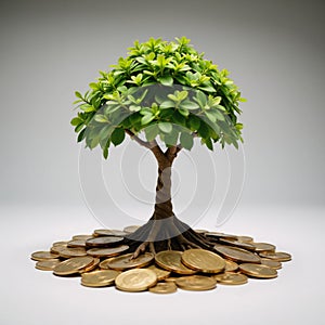 Whimsical image Tree growing from coins representing investment growth photo