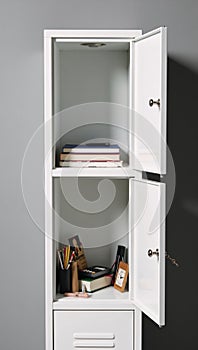 White metal locker with an open door revealing twolevel compartments photo