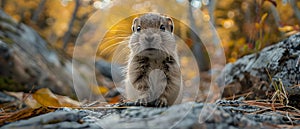 Concept Wildlife Photography, Closeup of lemming in natural habitat with distorted fisheye effect