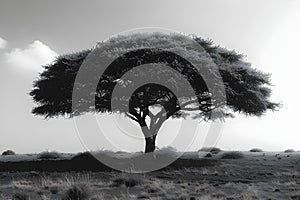 Concept Wildlife Photography, Monochrome Majesty Acacias Silhouette Against the Serene Savanna