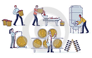 Concept Of Wine Production. Winemakers Work On Wine Plant. Characters Are Harvesting, Crushing Grapes