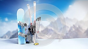 concept of winter tourism snowboarding and skiing in the snow 3d render on mountine background