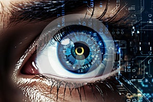 Woman digital software science concept human caucasian vision abstract futuristic system technology eye green