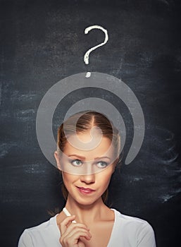 Concept of woman and question mark drawn in chalk on blackboard