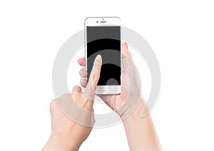 Concept of woman`s hand holding a smartphone and pointing with f