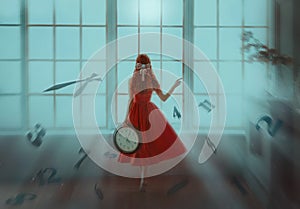 Concept woman and time is fleeting. Fantasy girl princess holds clock in hands. Lady stands looks at panoramic