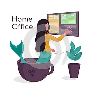 The concept of a woman working at home at a computer who is very fond of drinking coffee.