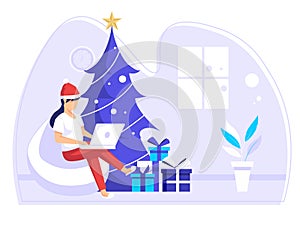 Concept of women finishing work from home when Christmas arrives. Christmas tree. Modern vector illustration