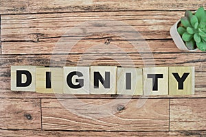 Concept of The wooden Cubes with the word Dignity on wooden background