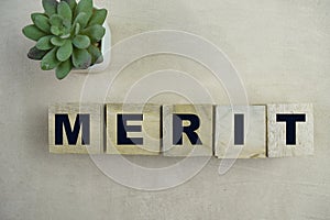 Concept of The wooden Cubes with the word MERIT on wooden background