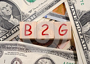 Concept word `B2G` on wooden cubes on a beautiful background from dollar bills. Business concept