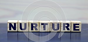 Concept word NURTURE on cubes on a beautiful blue background