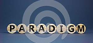 Concept word `paradigm` on wooden circles on a beautiful grey background. Business concept. Copy space