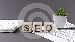 Concept word SEO on the wooden blocks on the gray background from green flower and chart