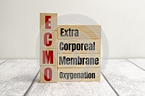 Concept words ECMO, Extra Corporeal Membrane Oxygenation on cubes and blocks on a beautiful white background
