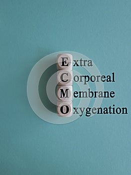 Concept words \'ECMO, Extra Corporeal Membrane Oxygenation\' on wooden cubes on a beautiful blue background.