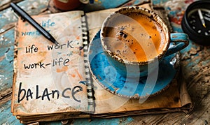 Concept of work life balance represented with a notepad filled with related words next to a blue coffee cup and pen on a