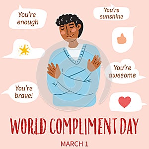 Concept of World Compliment Day. Hand drawn illustration of man hugging himself