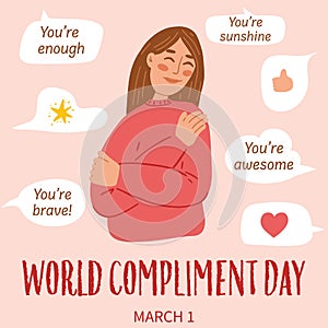 Concept of World Compliment Day. Hand drawn illustration of woman hugging herself