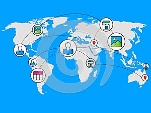 Concept of a world connected by the network or internet, with icons representing community and communication photo