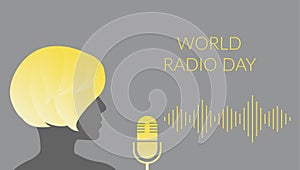 Concept world radio day. Vector illustration of a female silhouette with a microphone and an abstract radio wave. In the colors of