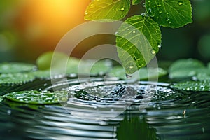 Concept for World Water Day: A droplet amidst green foliage