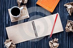 Concept of writer desktop wooden background top view mock up