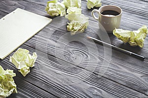 Concept of writer desktop wooden background top view mock up