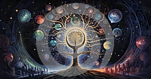 Concept Of Yggdrasil Viking Tree Of Life With Planets. Cosmic Ancient World Tree. Generative AI