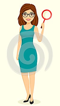 Concept, young businessman girl. A girl with a magnifying glass in her hand. Business and Finance.