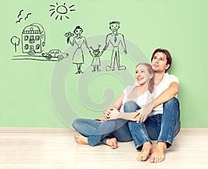 Concept. young couple dreaming of new house, car, child, financial well-being