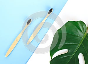 The concept of zero waste. bamboo toothbrush on a manstera leaf