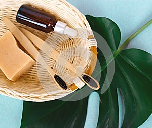 The concept of zero waste. bamboo toothbrush, solid shampoo