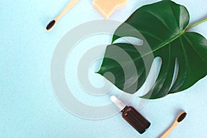 The concept of zero waste. bamboo toothbrush, solid shampoo