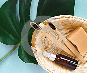 The concept of zero waste. bamboo toothbrush, solid shampoo