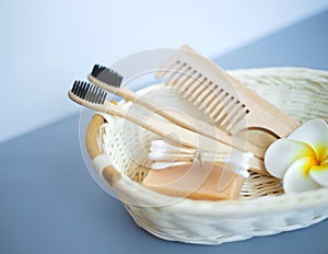The concept of zero waste. bamboo toothbrush, solid shampoo